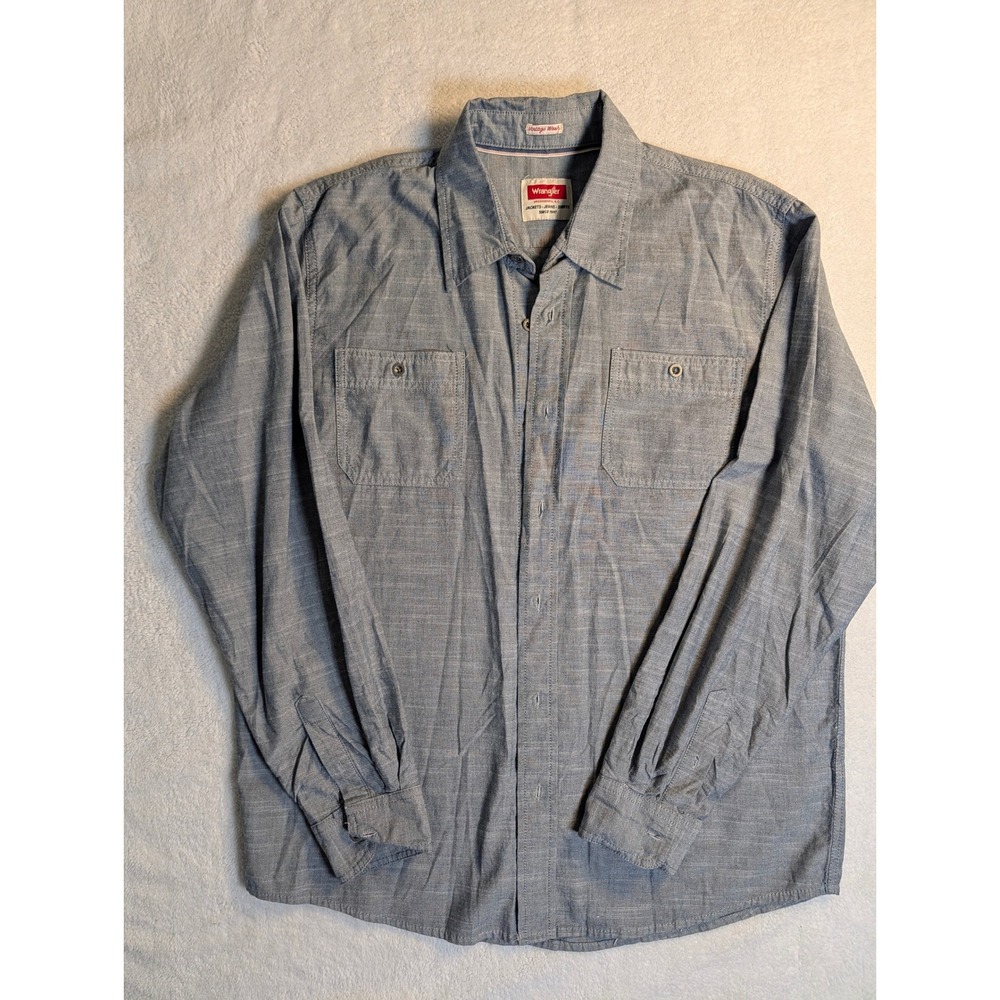 Wrangler Mens Vintage Wash Blue Cotton Button Down Shirt Large Long Sleeve
